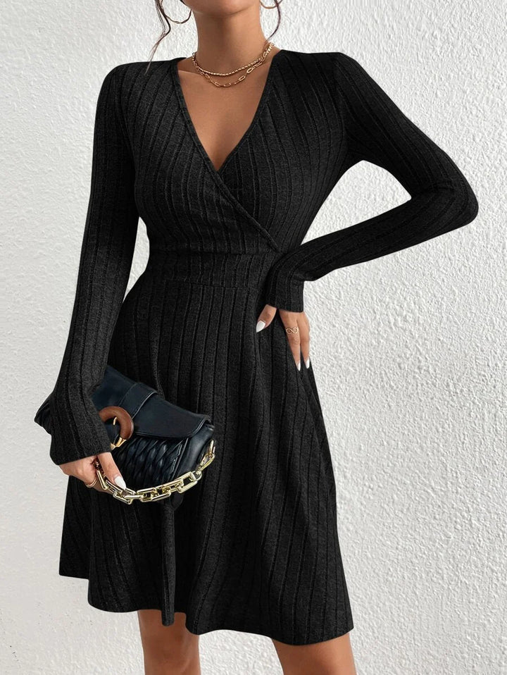 Adaline | Deep V-Neck Crossed Wrap Ribbed Mini Dress Elegant A-Line
