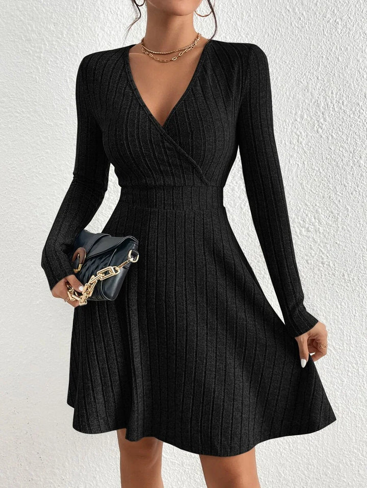 Adaline | Deep V-Neck Crossed Wrap Ribbed Mini Dress Elegant A-Line