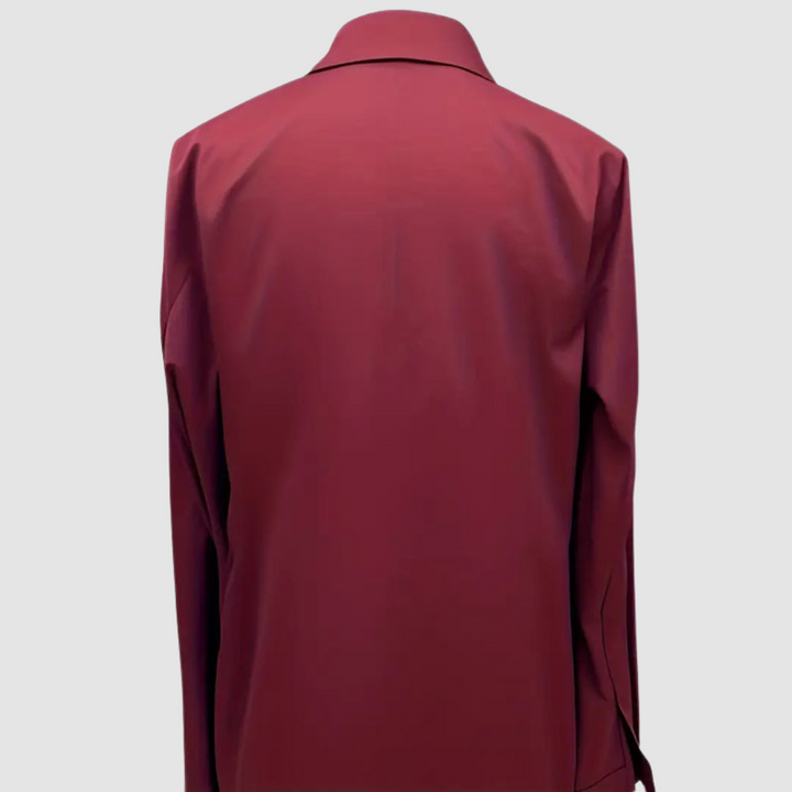 Back view of burgundy satin blouse with collar in a studio environment.