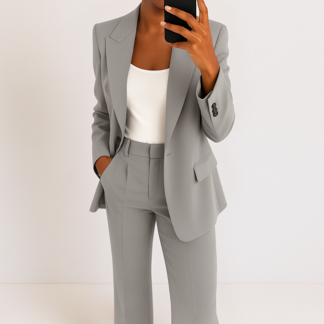Gray two-part suit set with sleek design, white top, hands in pockets, studio background.