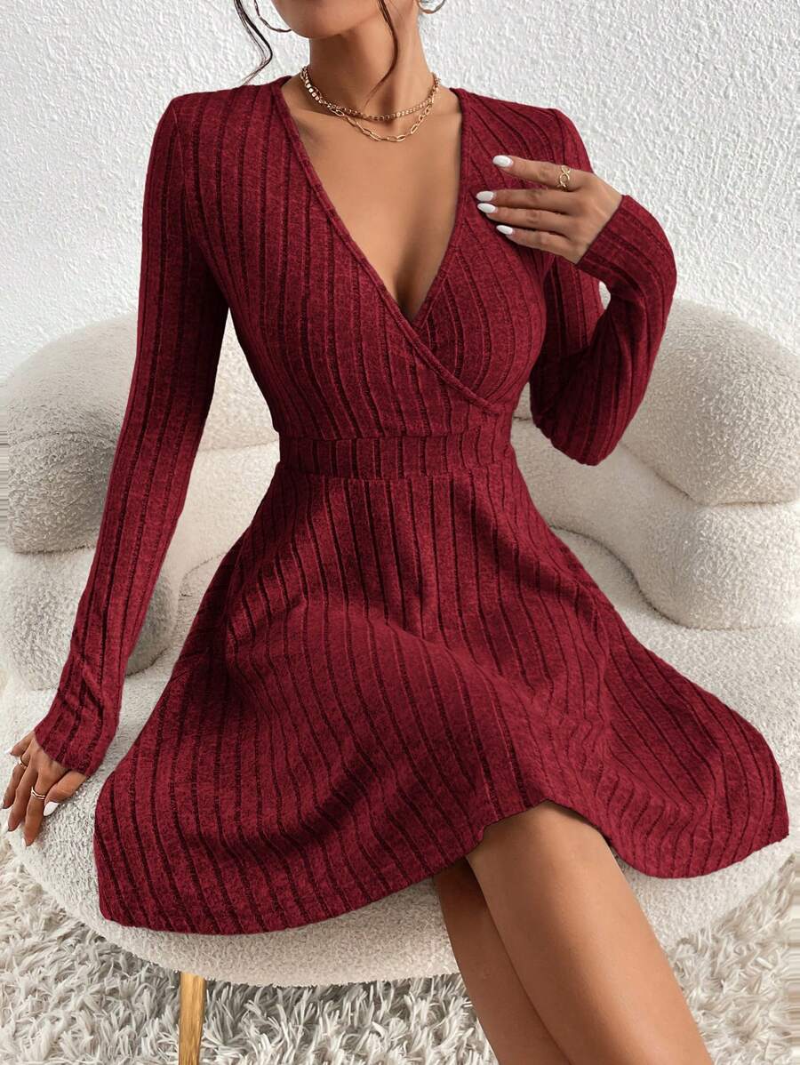 Adaline | Deep V-Neck Crossed Wrap Ribbed Mini Dress Elegant A-Line