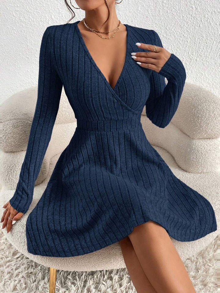 Adaline | Deep V-Neck Crossed Wrap Ribbed Mini Dress Elegant A-Line