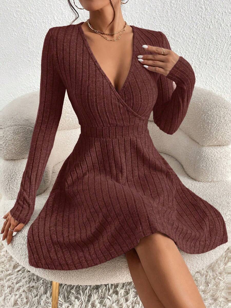 Adaline | Deep V-Neck Crossed Wrap Ribbed Mini Dress Elegant A-Line