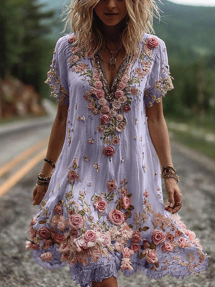 RUBY | BLOSSOM EMBROIDERED V-NECK DRESS