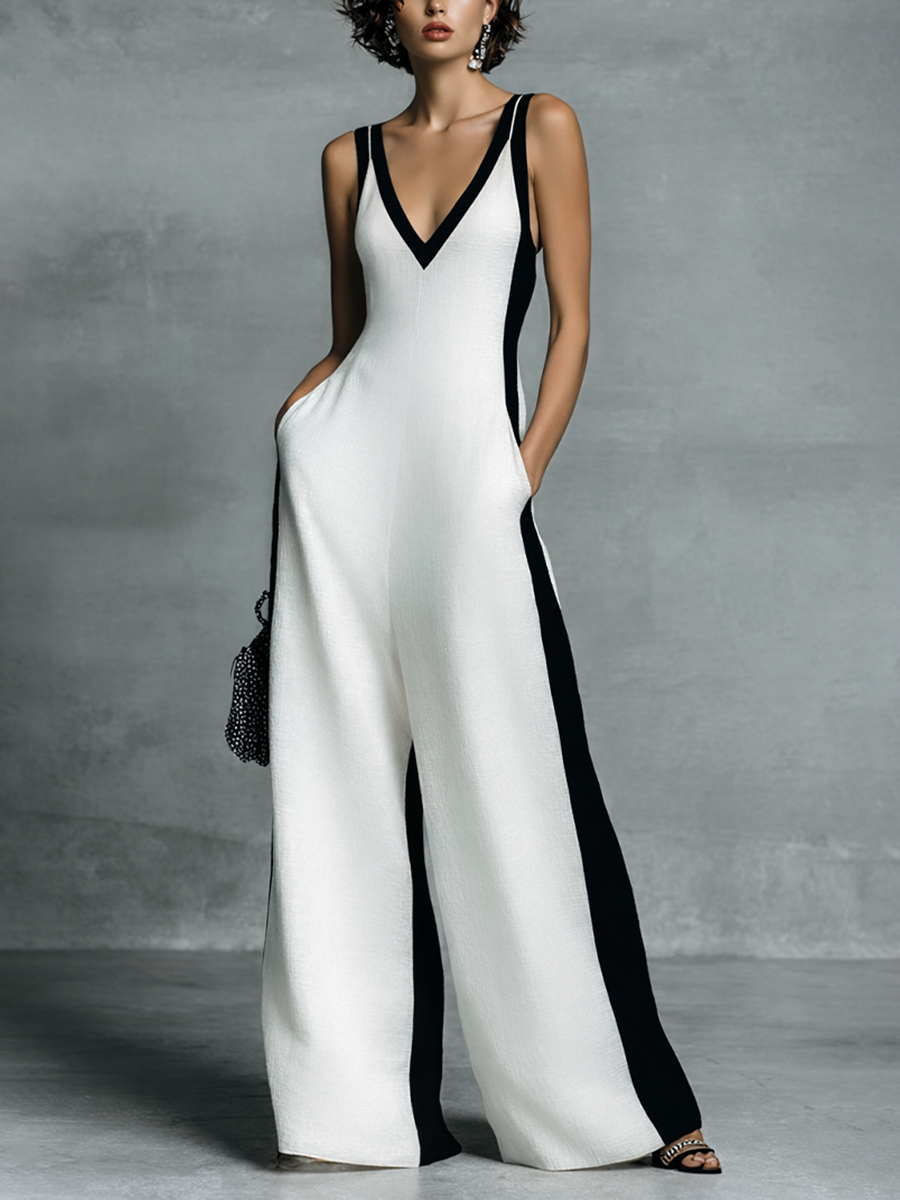 Elegant white jumpsuit with black accents, sleeveless design, and V-neckline, styled in a minimalist indoor setting.