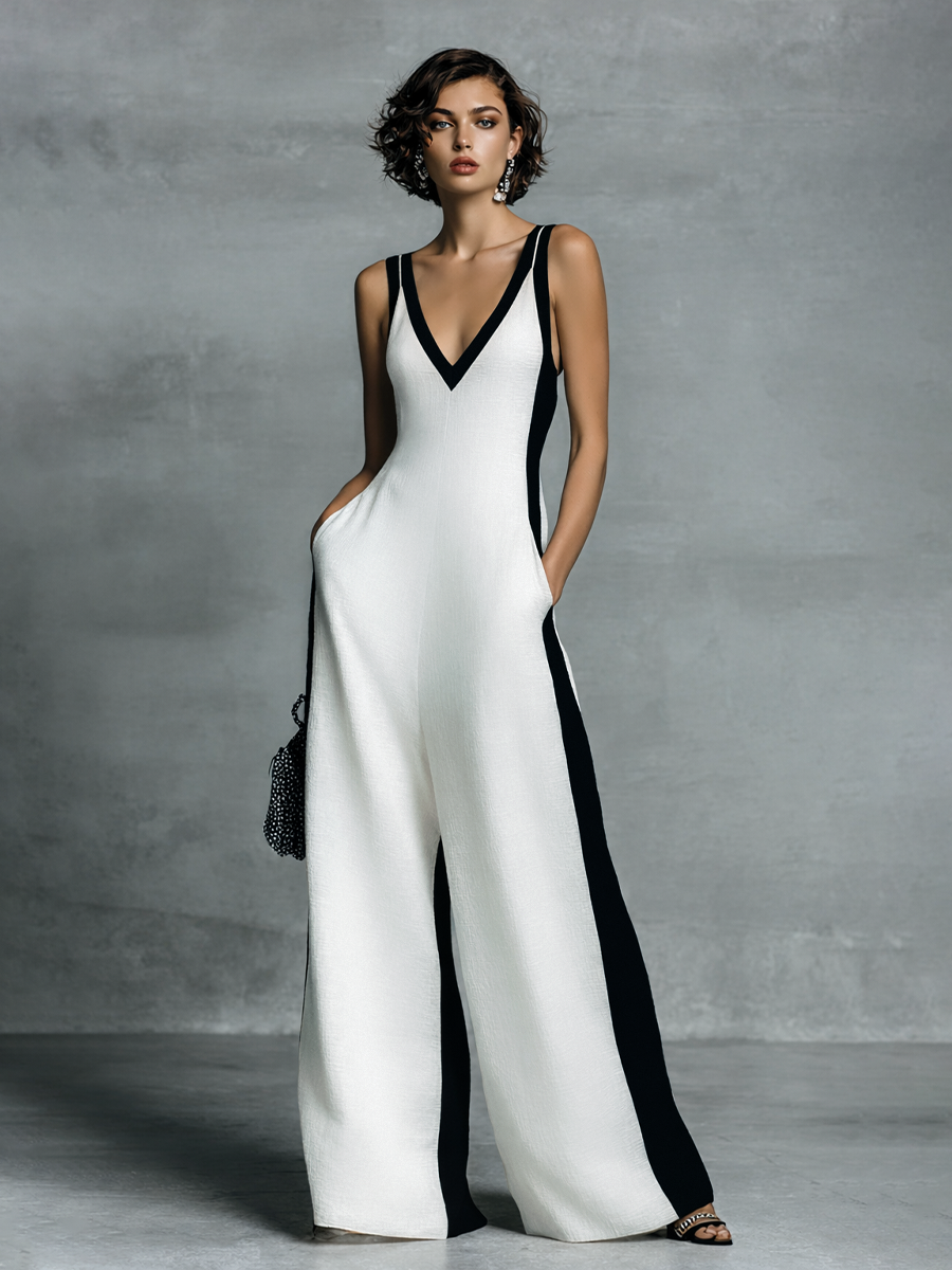 Chic white jumpsuit with black trim, V-neck, and side pockets, showcased in a modern minimalist indoor studio.