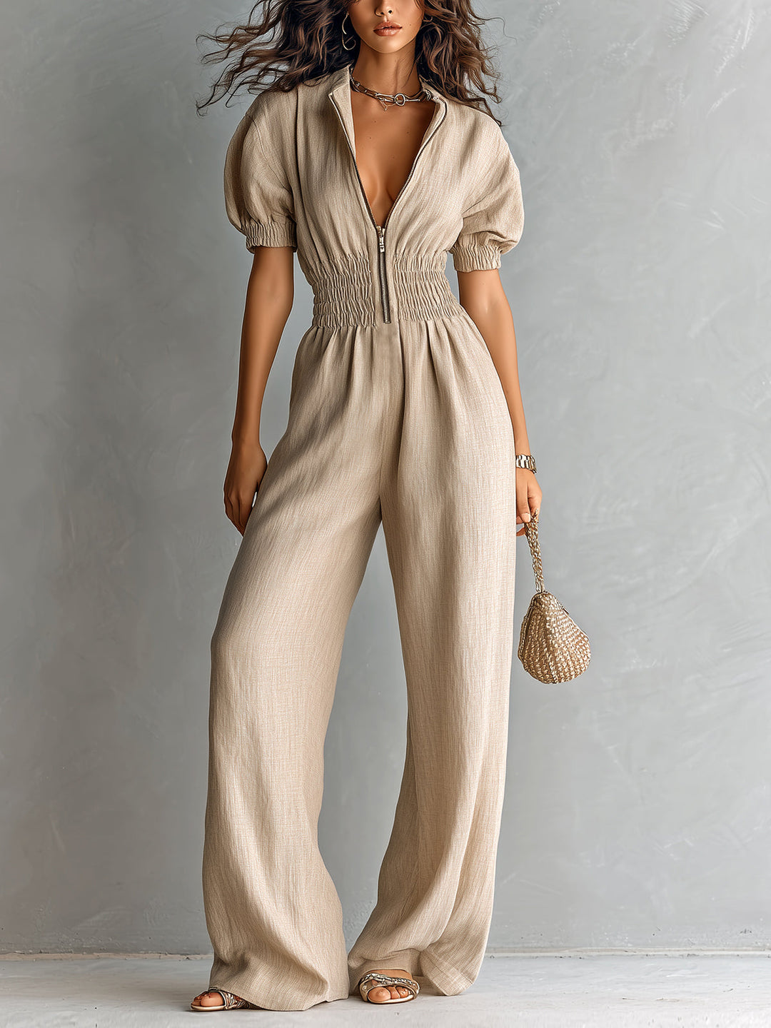 Woman wearing a beige jumpsuit with puff sleeves and a gathered waist, holding a textured clutch, against a textured gray wall.