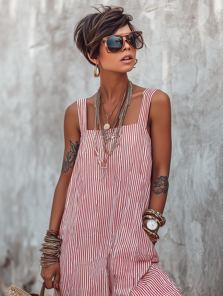 Woman in red and white striped jumpsuit with sunglasses and accessories, standing outdoors against a textured wall.