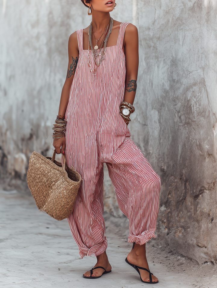 Red and white striped jumpsuit worn by a woman with layered accessories, holding a woven bag outdoors against a rough wall.