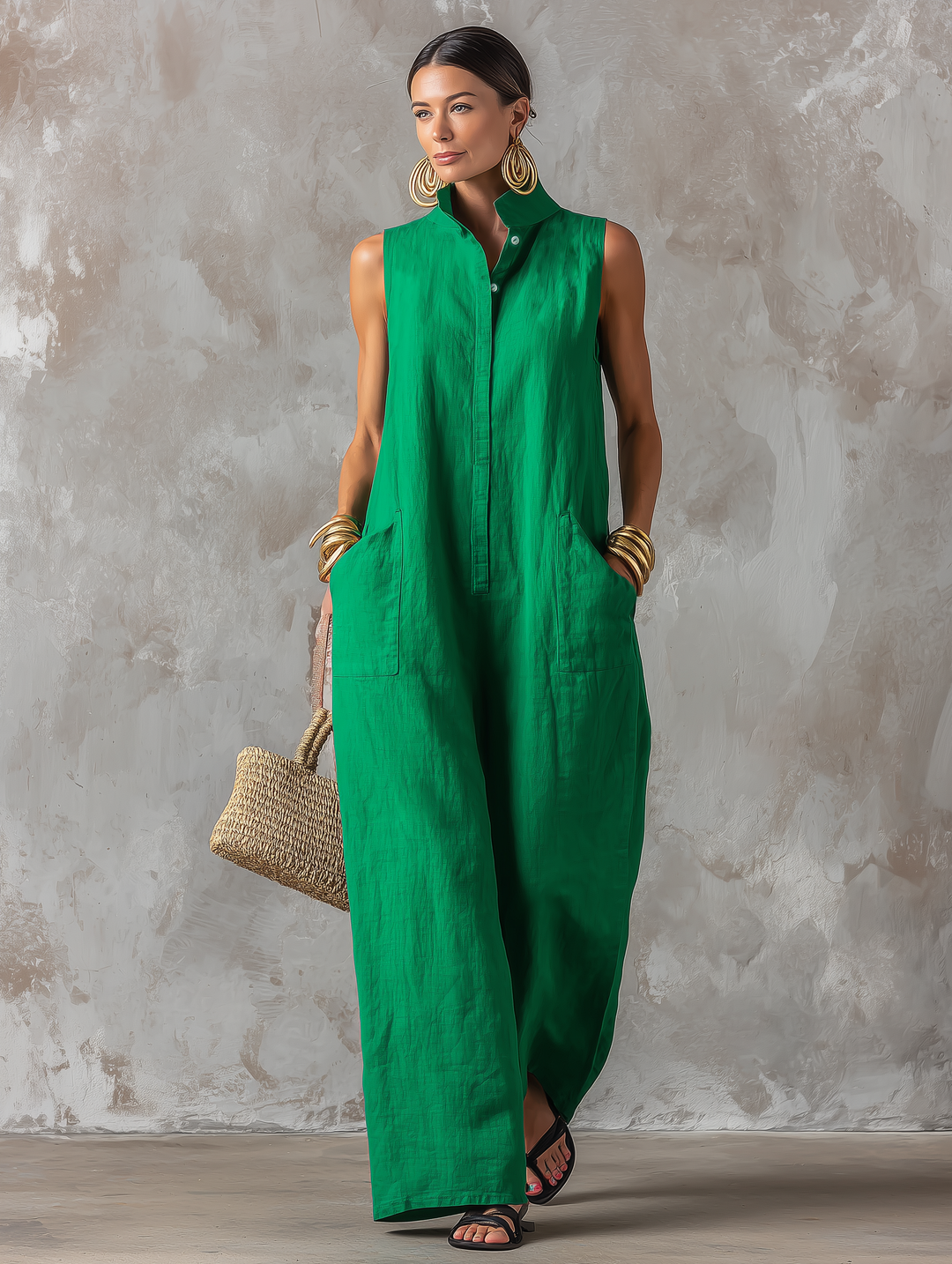 Model wearing a green sleeveless jumpsuit with a buttoned front in a textured, neutral-toned studio setting, holding a woven bag.