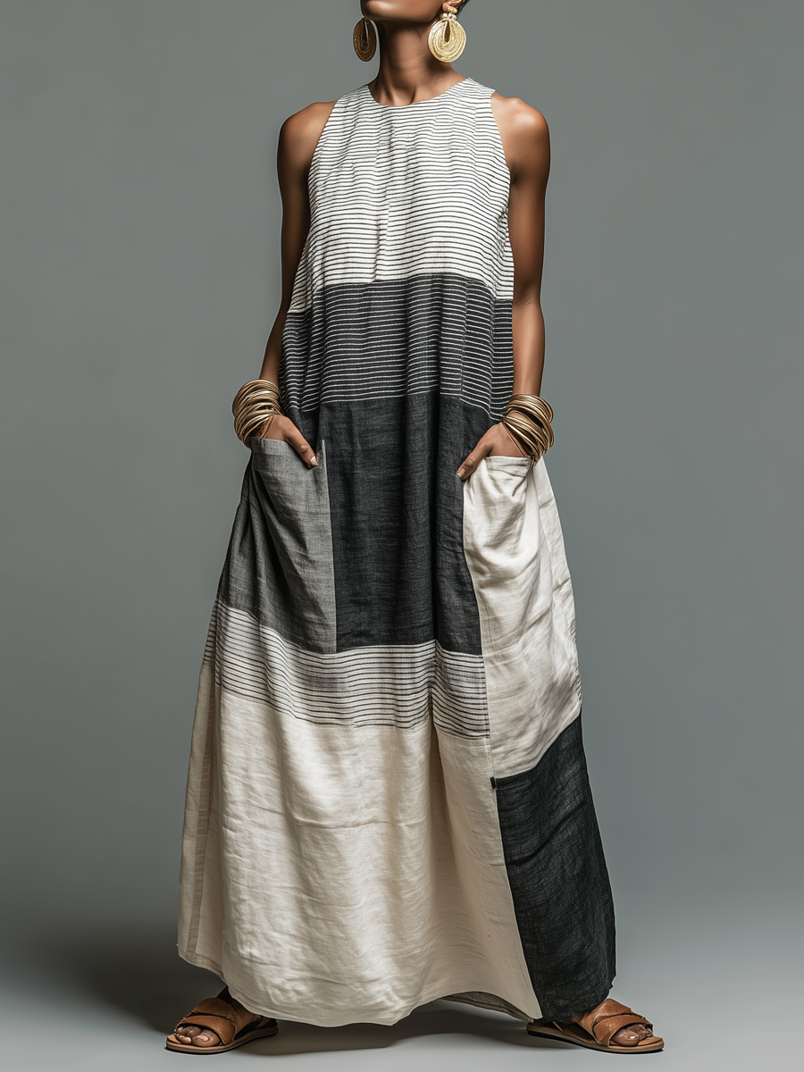 Sleeveless maxi dress with wide black, gray, and cream stripes, worn with large earrings and bangles, against a gray studio background.