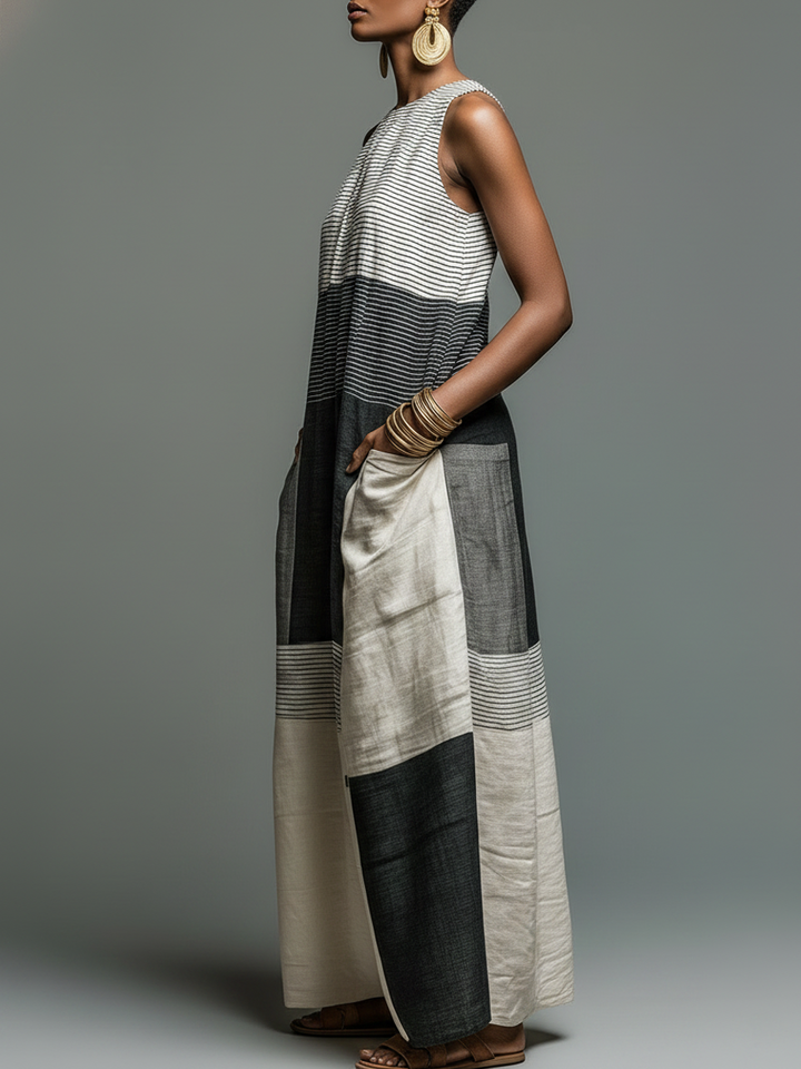 Side view of a sleeveless maxi dress with bold black, gray, and cream stripes, accessorized with earrings and bangles in a gray studio.