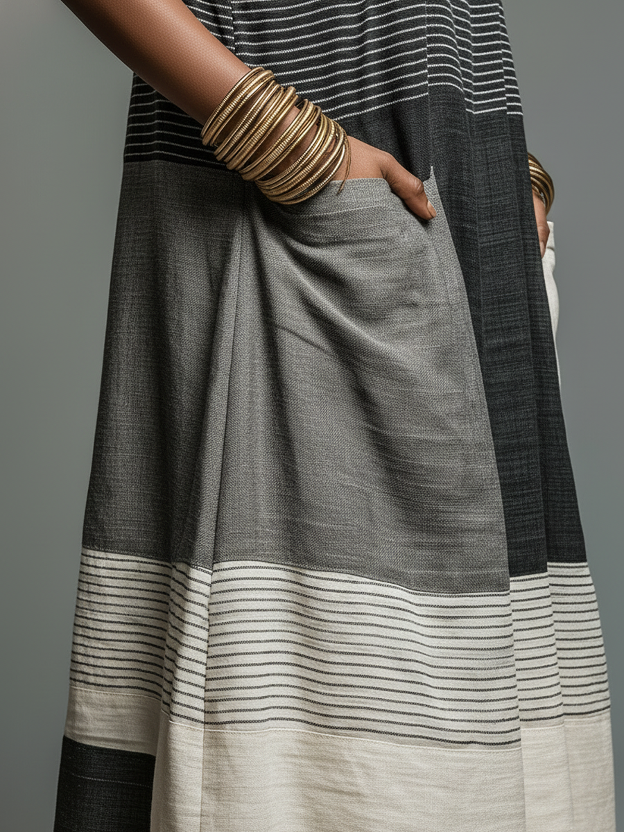 Close-up of maxi dress showing black, gray, and cream stripes and a hand in the pocket, styled with bangles, studio background.