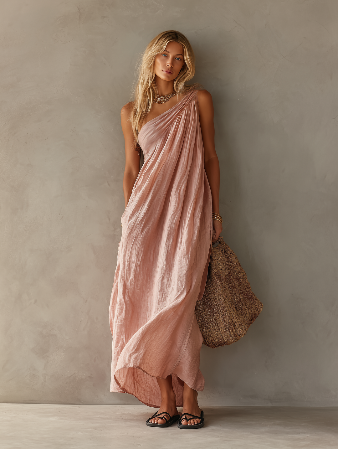 Pink maxi dress with flowing design styled with sandals and a woven bag against an indoor wall.
