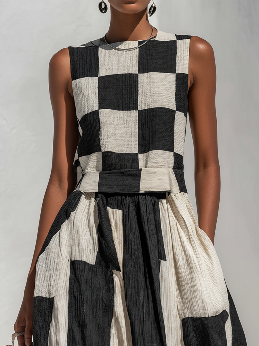 Close-up of a model wearing a black and white checkered sleeveless maxi dress, showing upper torso and pattern details.