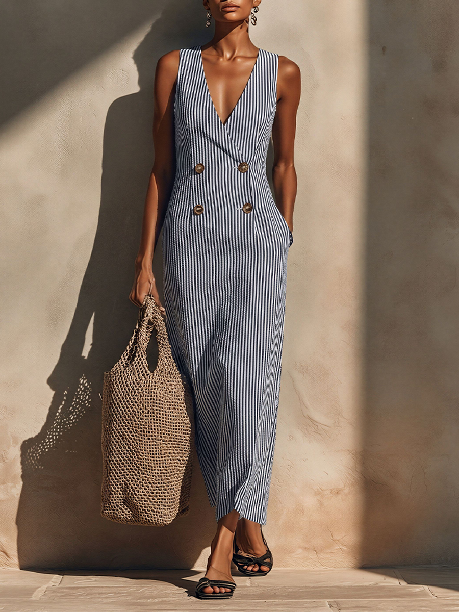 Model in a striped maxi dress with deep V-neck and buttons, holding a woven bag, standing outdoors against a sunlit wall.