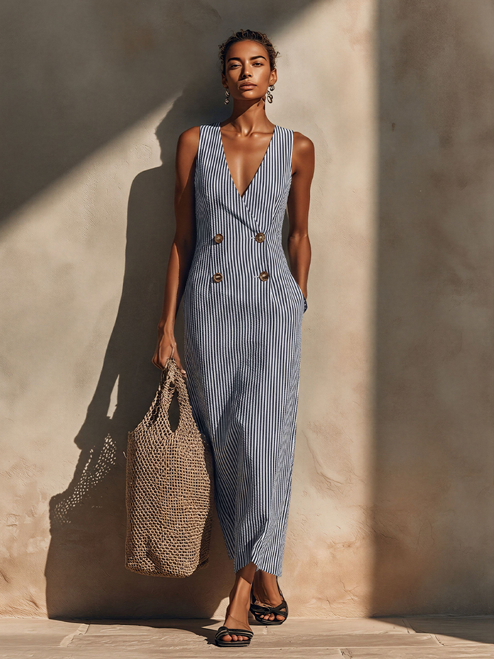 Front view of model wearing a striped maxi dress with V-neck and buttons, holding a textured bag, in a sunlit outdoor setting.