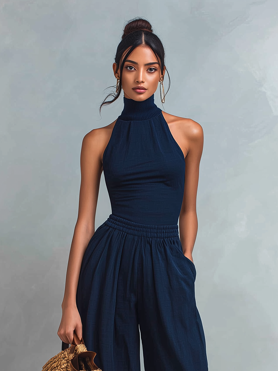Close-up of woman wearing a chic dark blue jumpsuit with a halter neck, holding a woven bag.