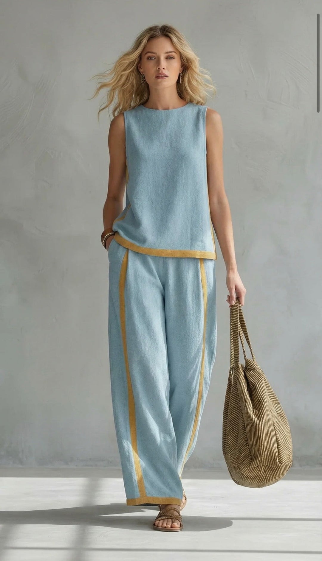 Model in a light blue two-piece set with yellow trim, holding a striped bag, in a gray studio setting.