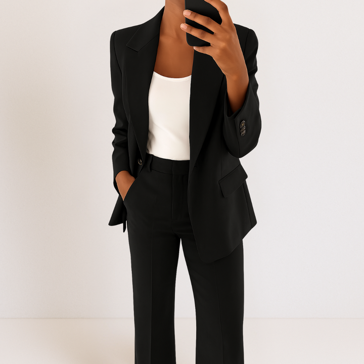 Black two-part suit set with classic design, white top, hands in pockets, studio background.