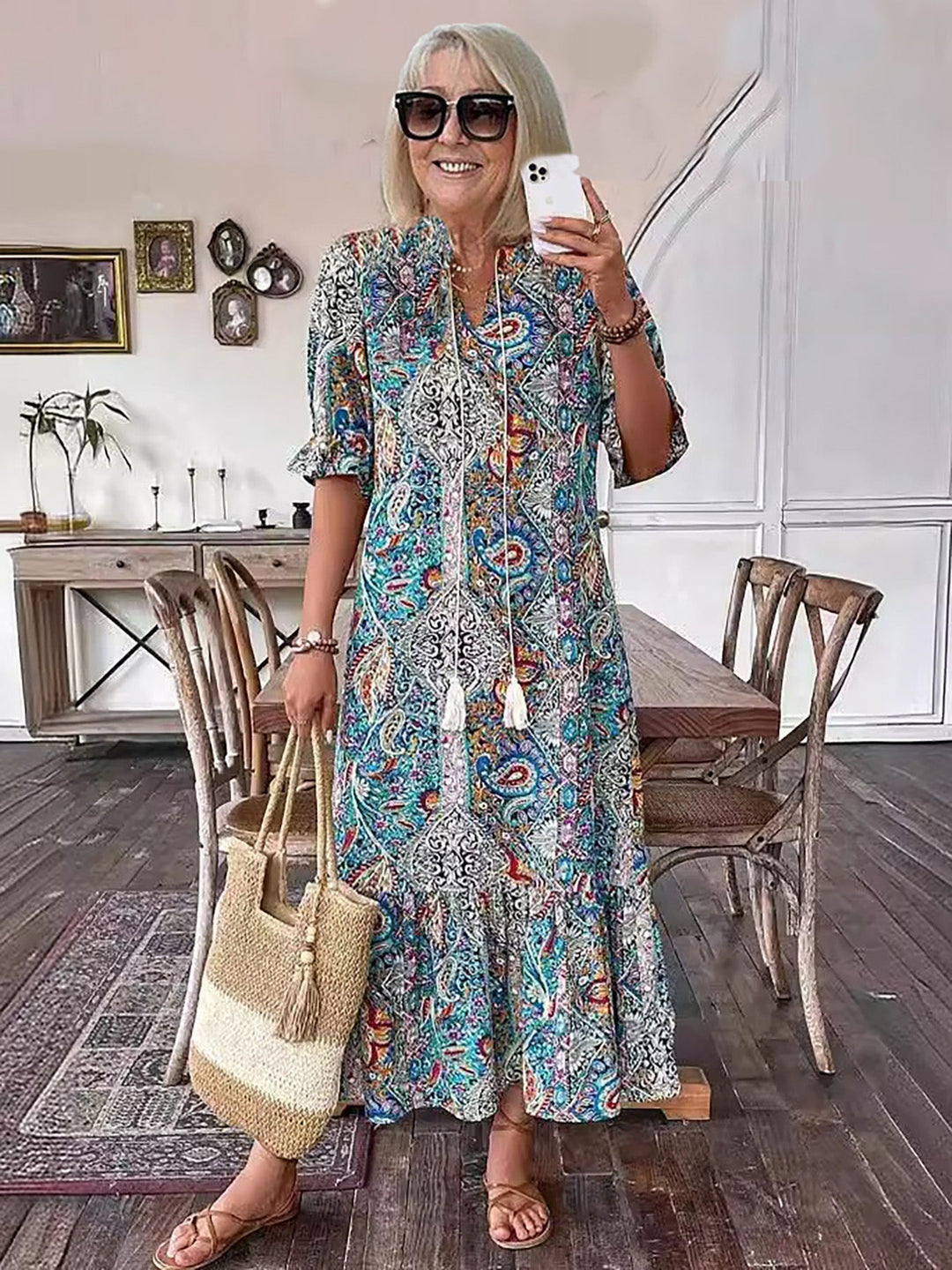 Gene – Boho Lace-Up Midi Dress with Stand Collar
