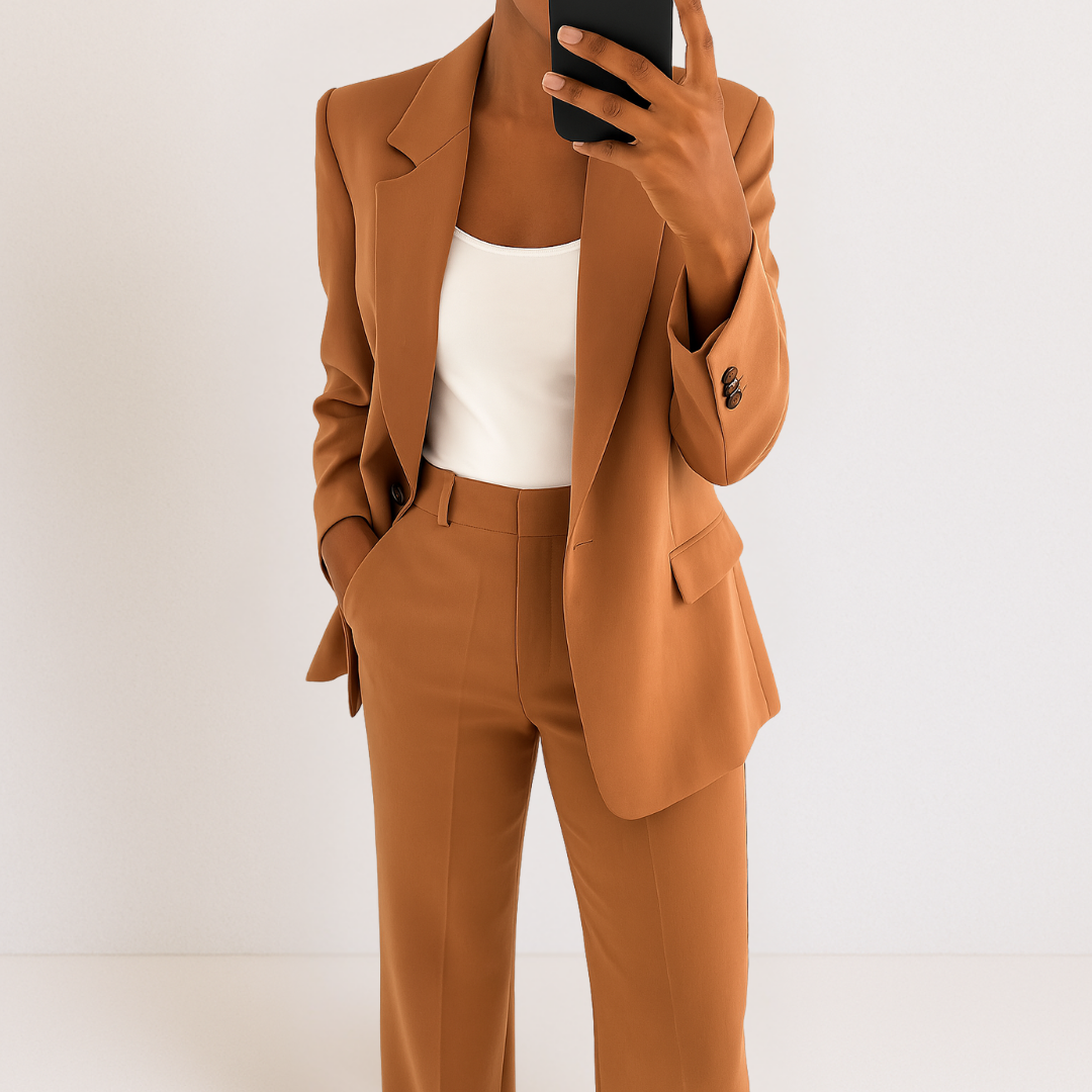 Brown two-part suit set with refined style, white top, hands in pockets, studio background.