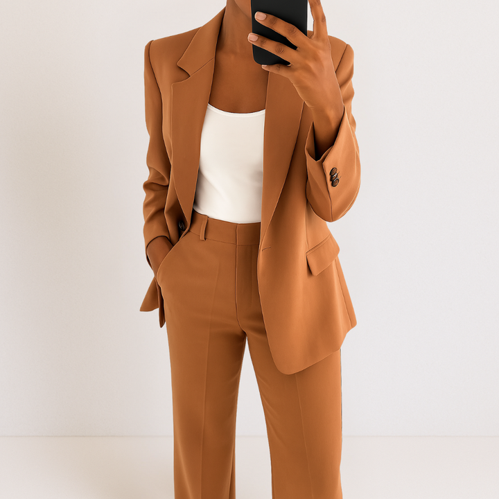Brown two-part suit set with refined style, white top, hands in pockets, studio background.
