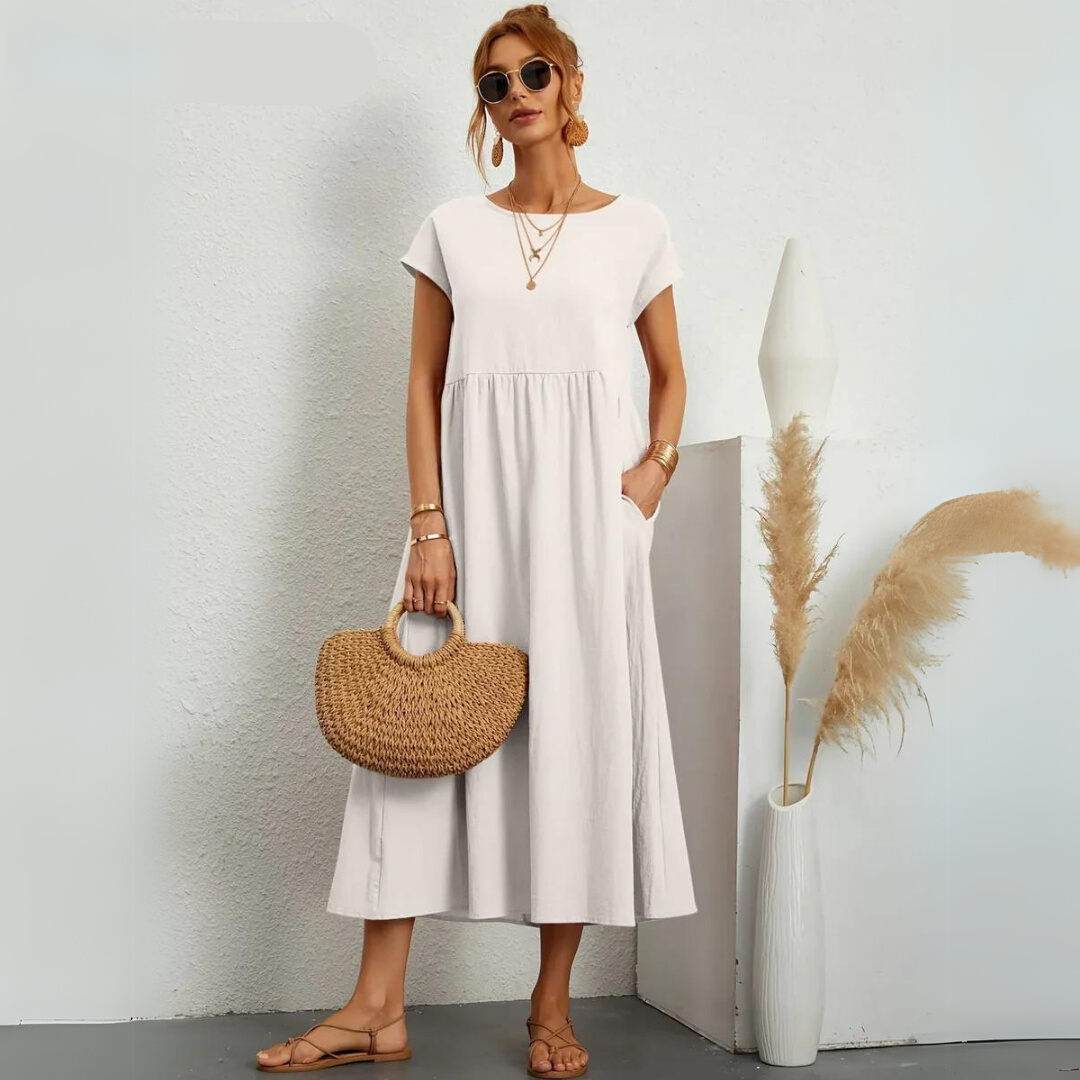 Amalia – Midi Dress with Round Neck &amp; Pockets