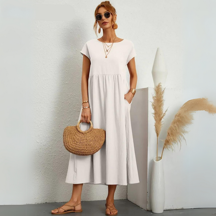 Amalia – Midi Dress with Round Neck &amp; Pockets