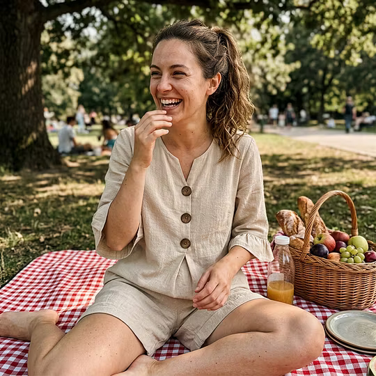 Woman in beige casual set enjoying a picnic on a checkered blanket in a park.