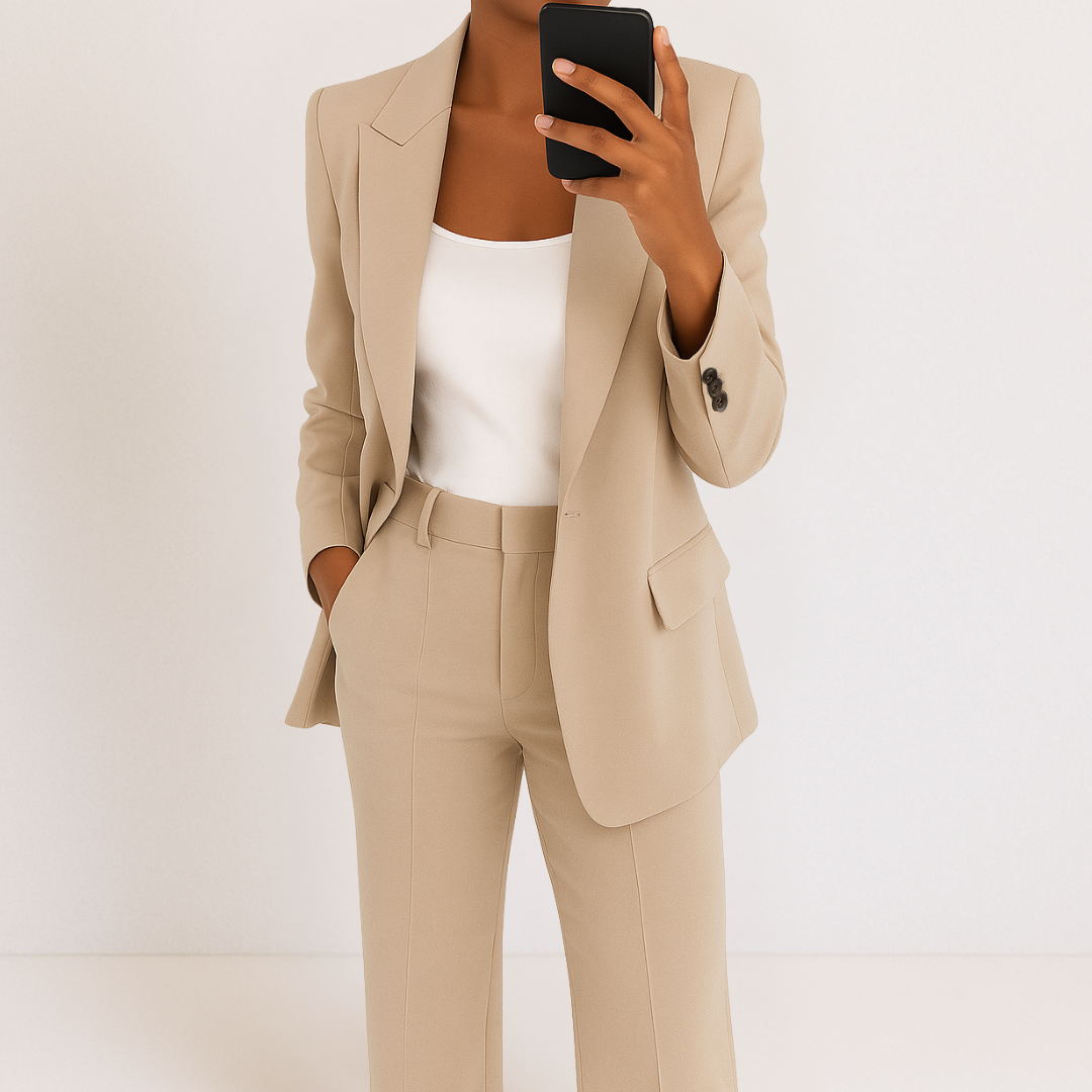 Beige two-part suit set with elegant fit, white top, hands in pockets, studio background.