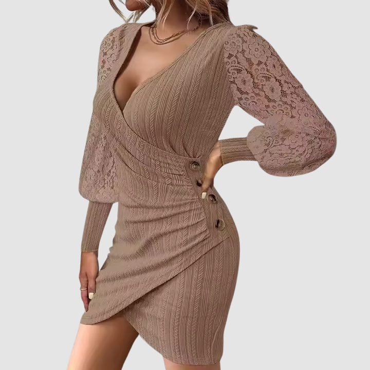 Brown V-neck dress with lace sleeves, button details, studio setting.