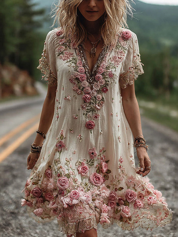 RUBY | BLOSSOM EMBROIDERED V-NECK DRESS