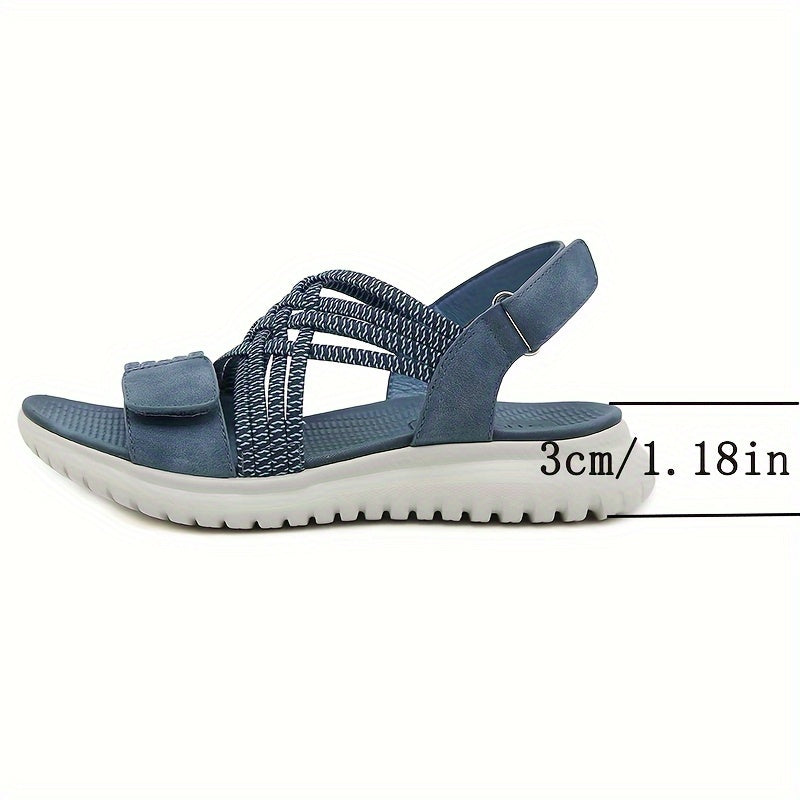 Side view of blue orthopedic sandal with crisscross straps, heel height shown as 3cm/1.18in.