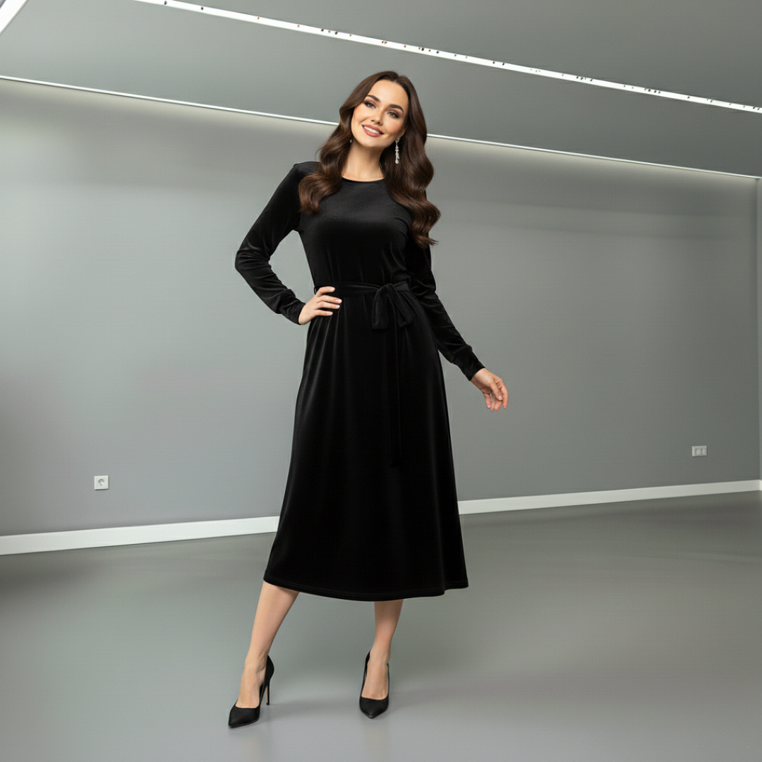 Model wearing a black suede midi dress with long sleeves, tied belt, in a modern grey studio.