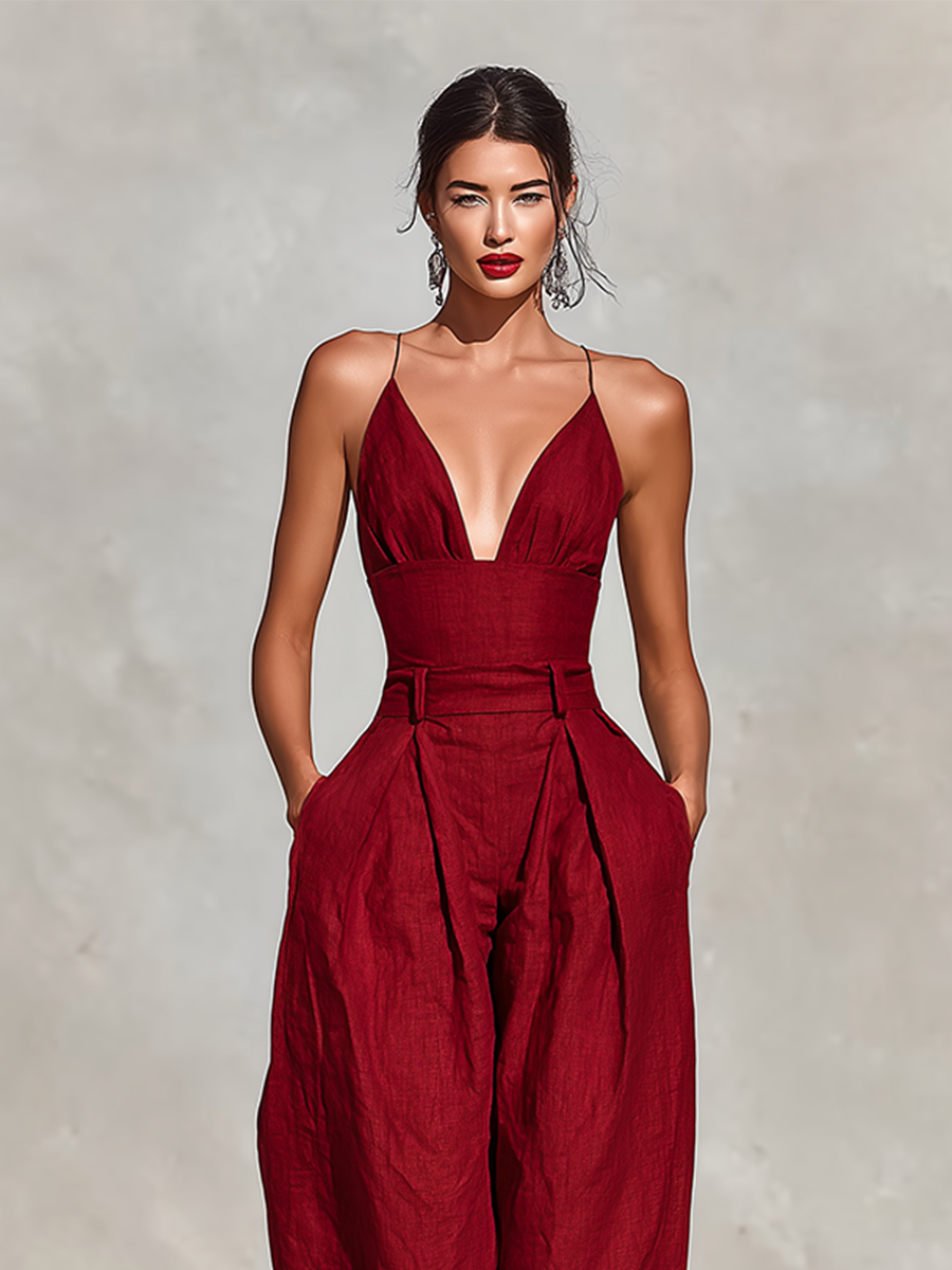 Close-up of woman in deep red jumpsuit with V-neckline, standing against a light stone background.