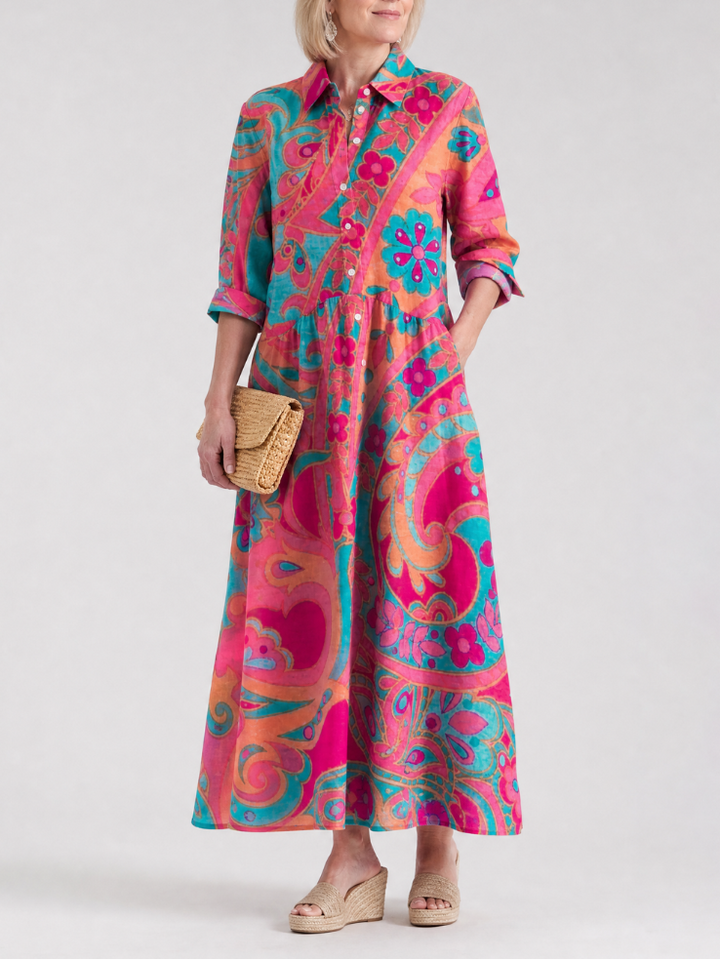 Klera | Printed Button Front Collared Midi Dress