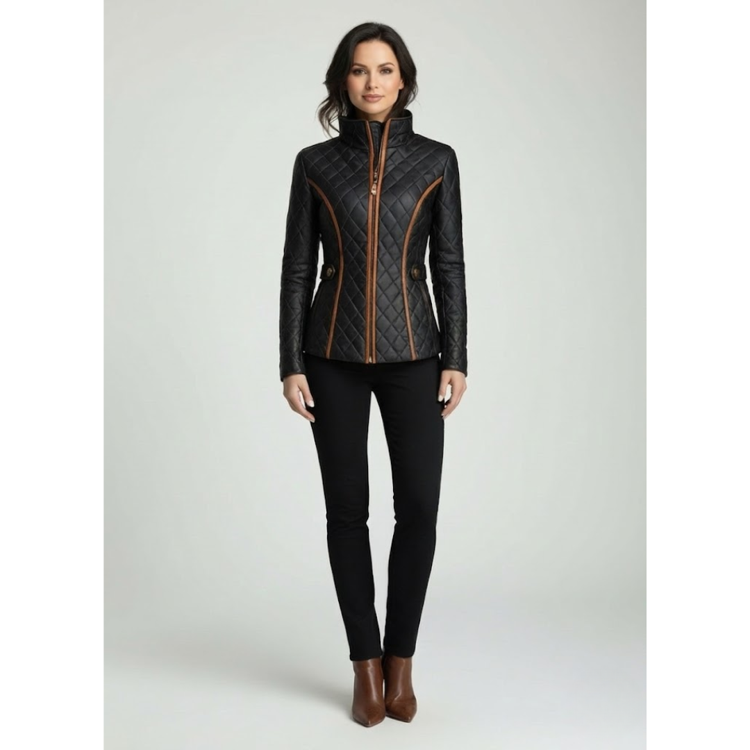 Front view of a black diamond-quilted jacket with brown accents, worn by a model in a studio setting.