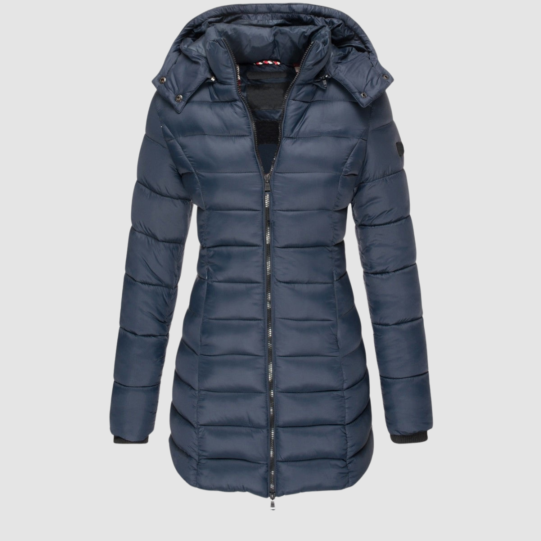 Elegant navy puffer jacket with a hood, displayed in a studio setting against a light gray background.