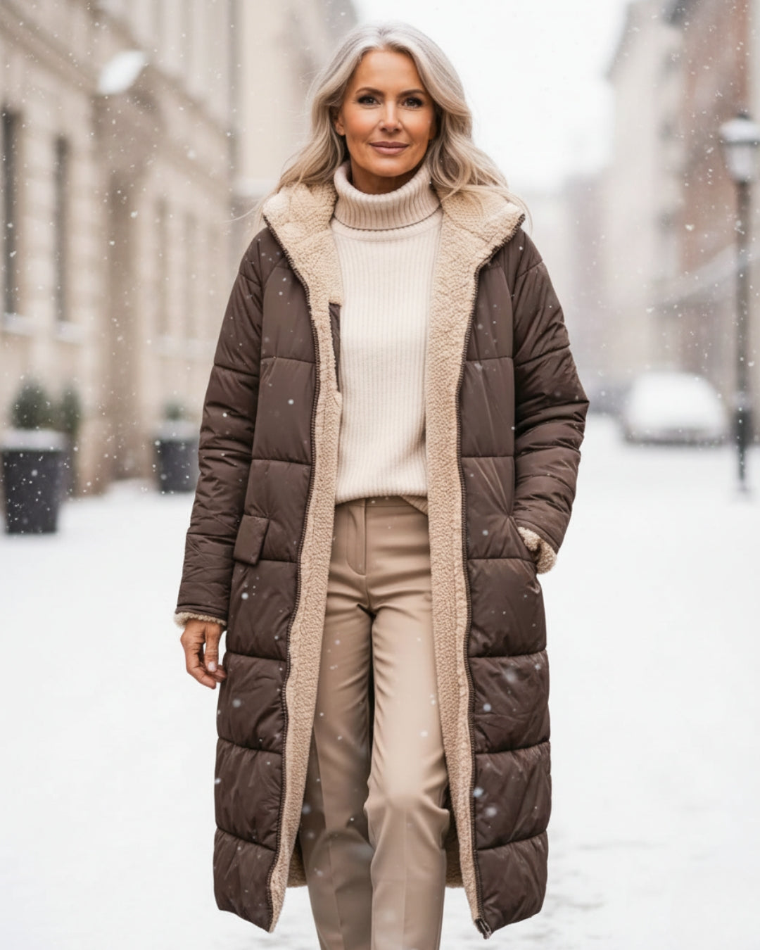 Woman in brown winter coat with fleece lining, walking in a snowy urban street.