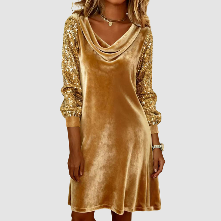 Sophisticated gold midi dress with glittery sleeves and cowl neckline in a studio atmosphere.