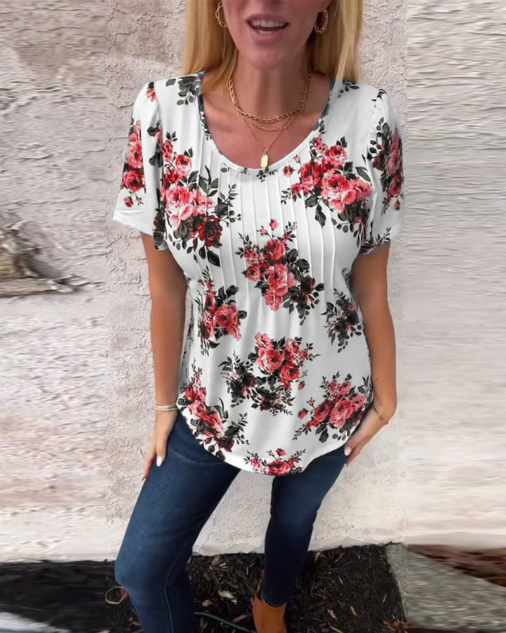 Milania – Floral Pleated Tee with Round Neckline