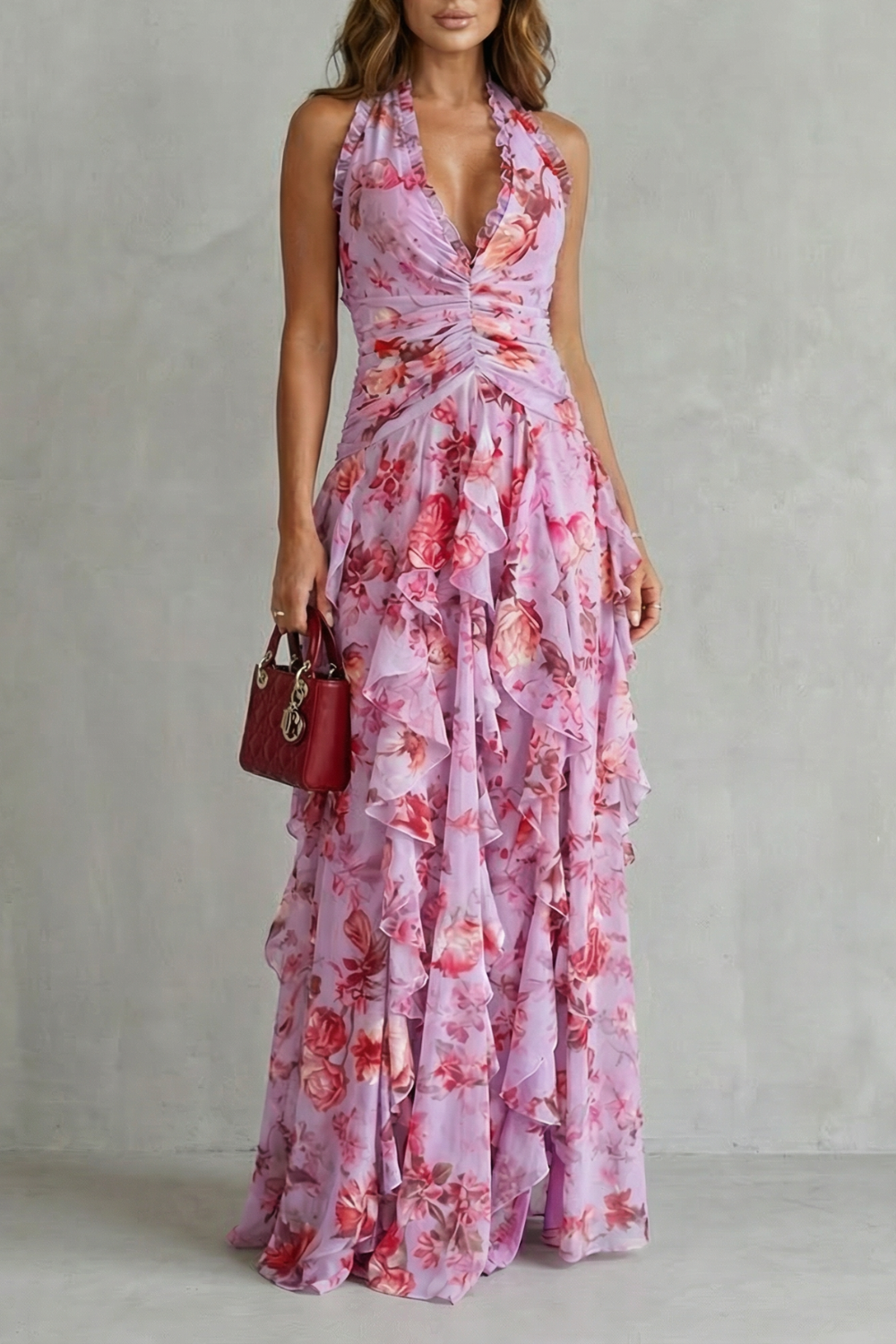 Belladina | Romantic rose cascade – Halter maxi dress