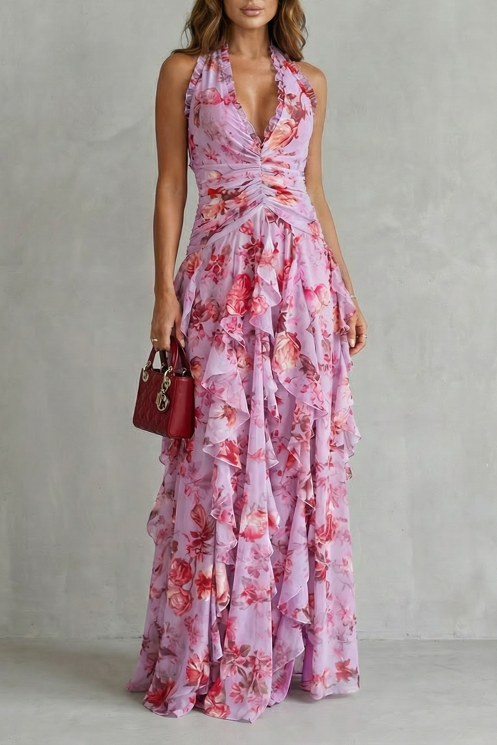 Belladina | Romantic rose cascade – Halter maxi dress