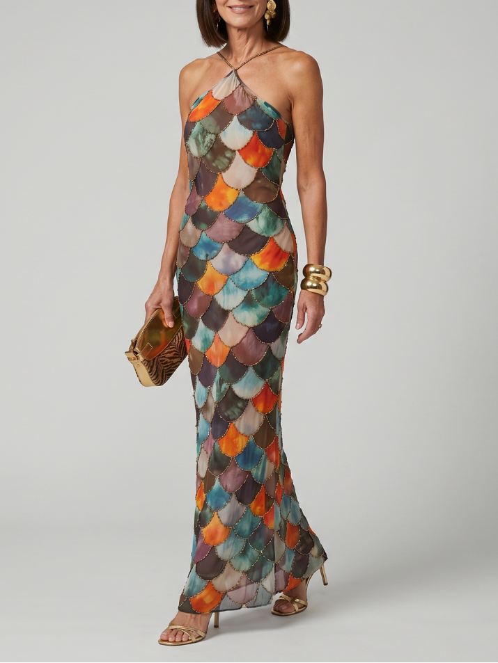 Larkin | Fitted Multicolor Scale Pattern Maxi Dress