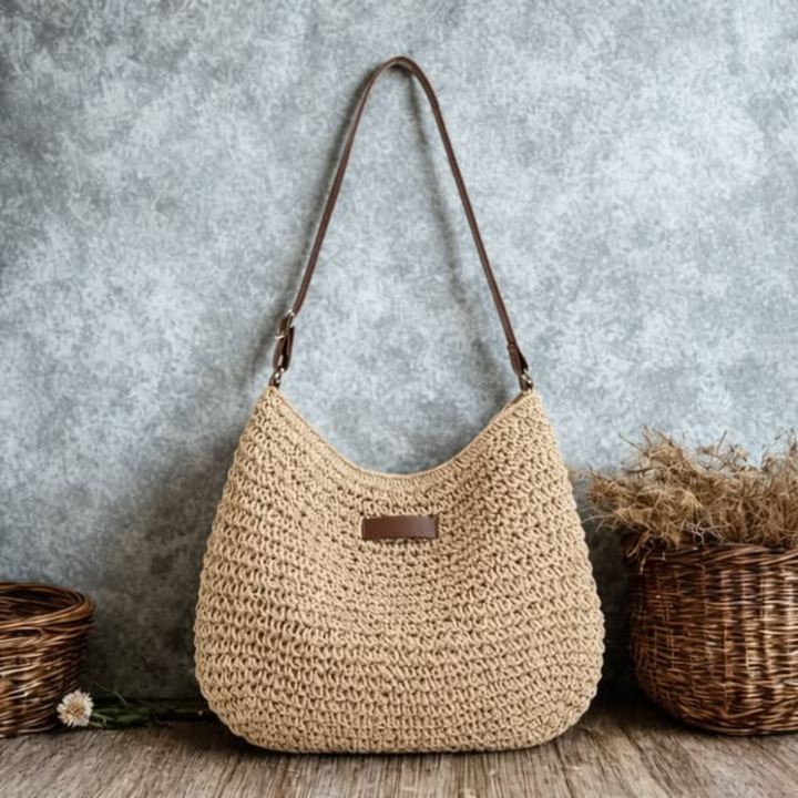 Elegant woven bag displayed against a textured background with wicker baskets.
