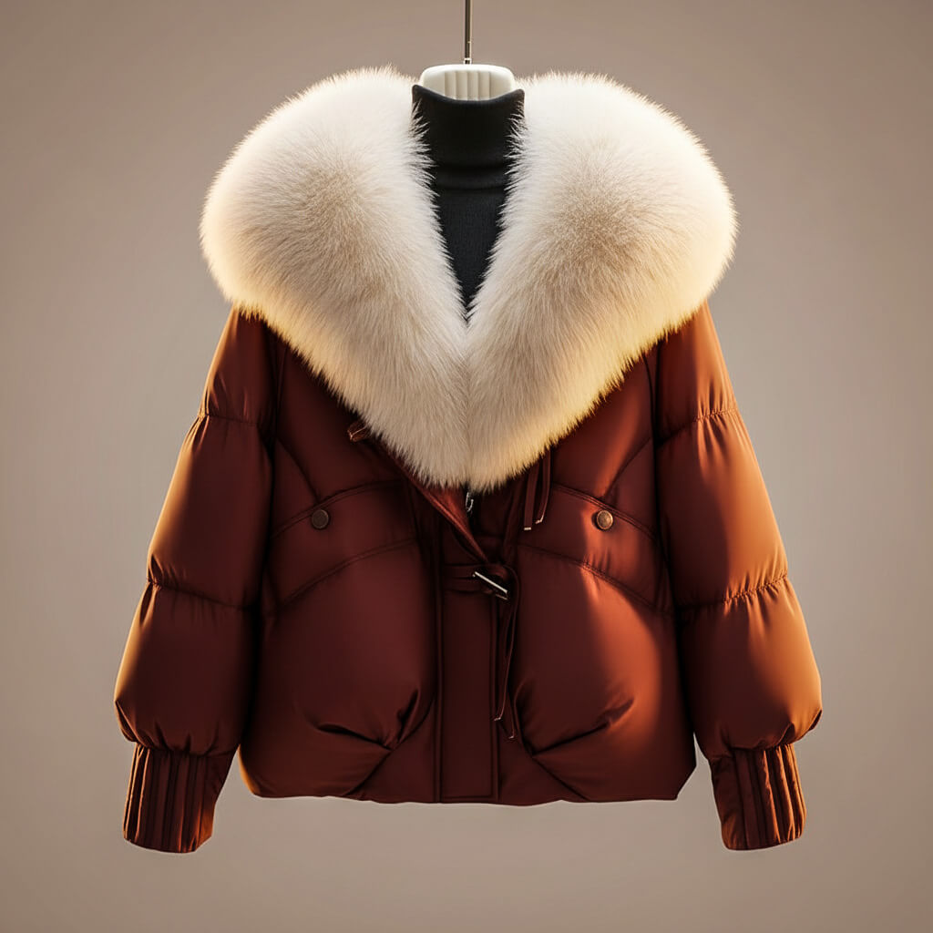 Elegant puffy coat in warm brown with a luxurious, soft white collar in a studio setting.
