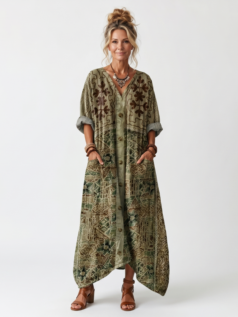Model wearing an Aleta midi dress with intricate patterns, button front, oversized pockets in studio setting.