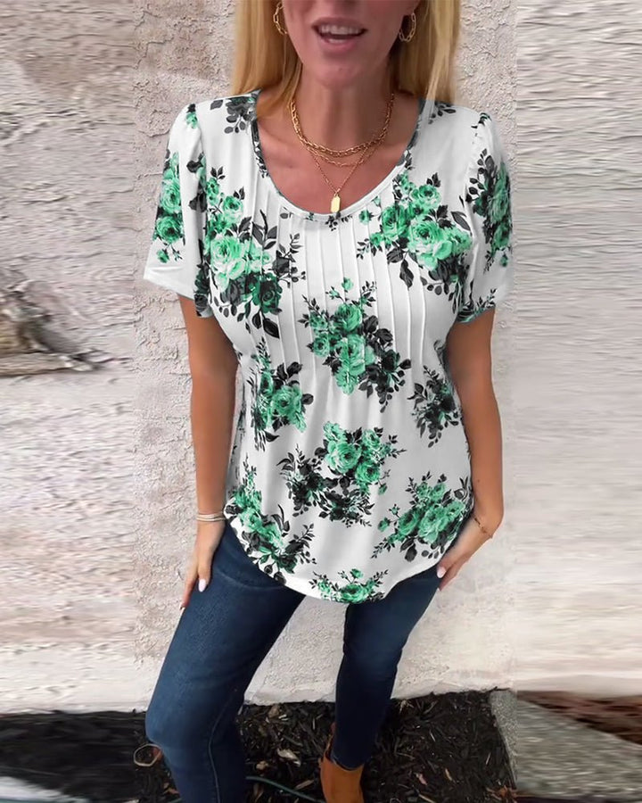 Milania – Floral Pleated Tee with Round Neckline
