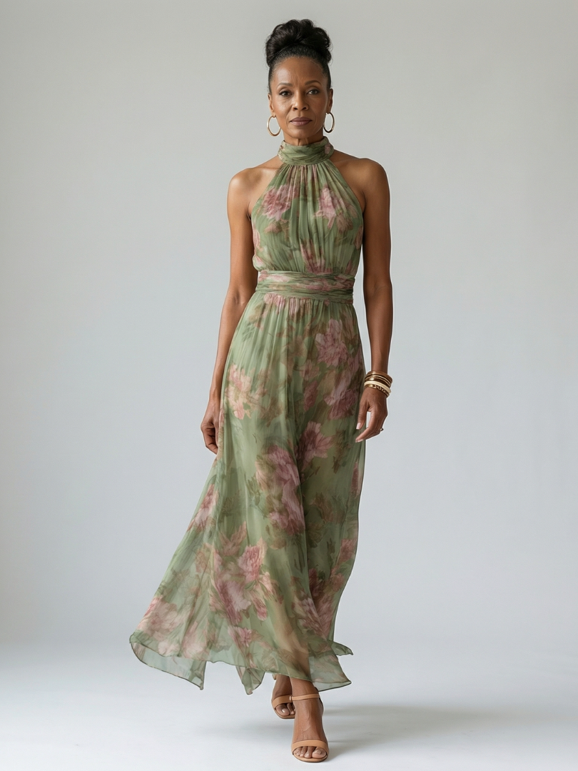Model walking in green floral halter midi dress, studio environment.